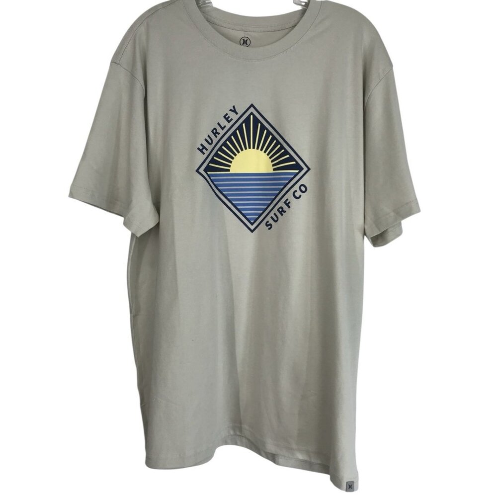Hurley Surf Co T Shirt Mens Size Large Gray Yellow Sun Short Sleeve